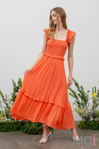 FLUTTER SLEEVE SMOCKED MIDI DRESS