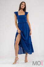 FLUTTER SLEEVE SMOCKED MIDI DRESS