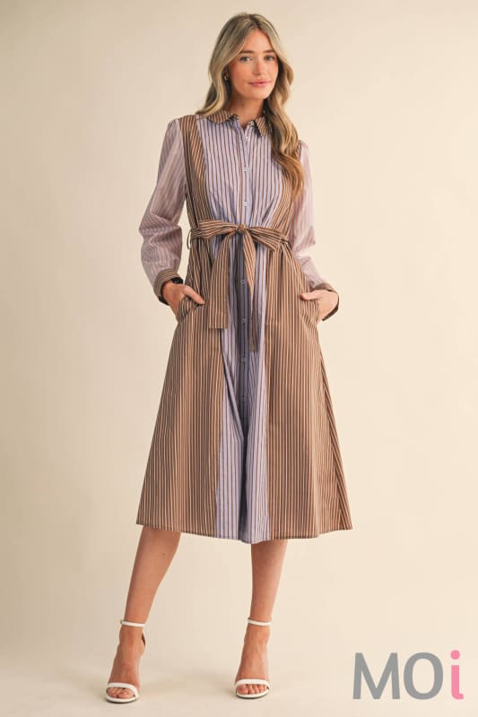 Mixed Stripe Belted Midi Dress