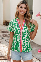 Abstract Print Striped Trim Top