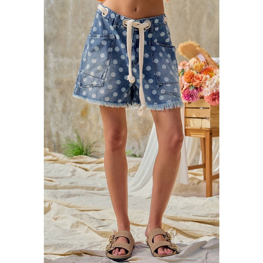 Polka Dot Printed Denim Shorts With Belt