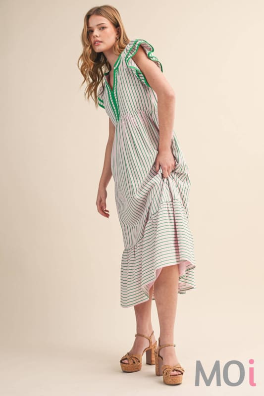 Striped Contrast Binding Midi Dress