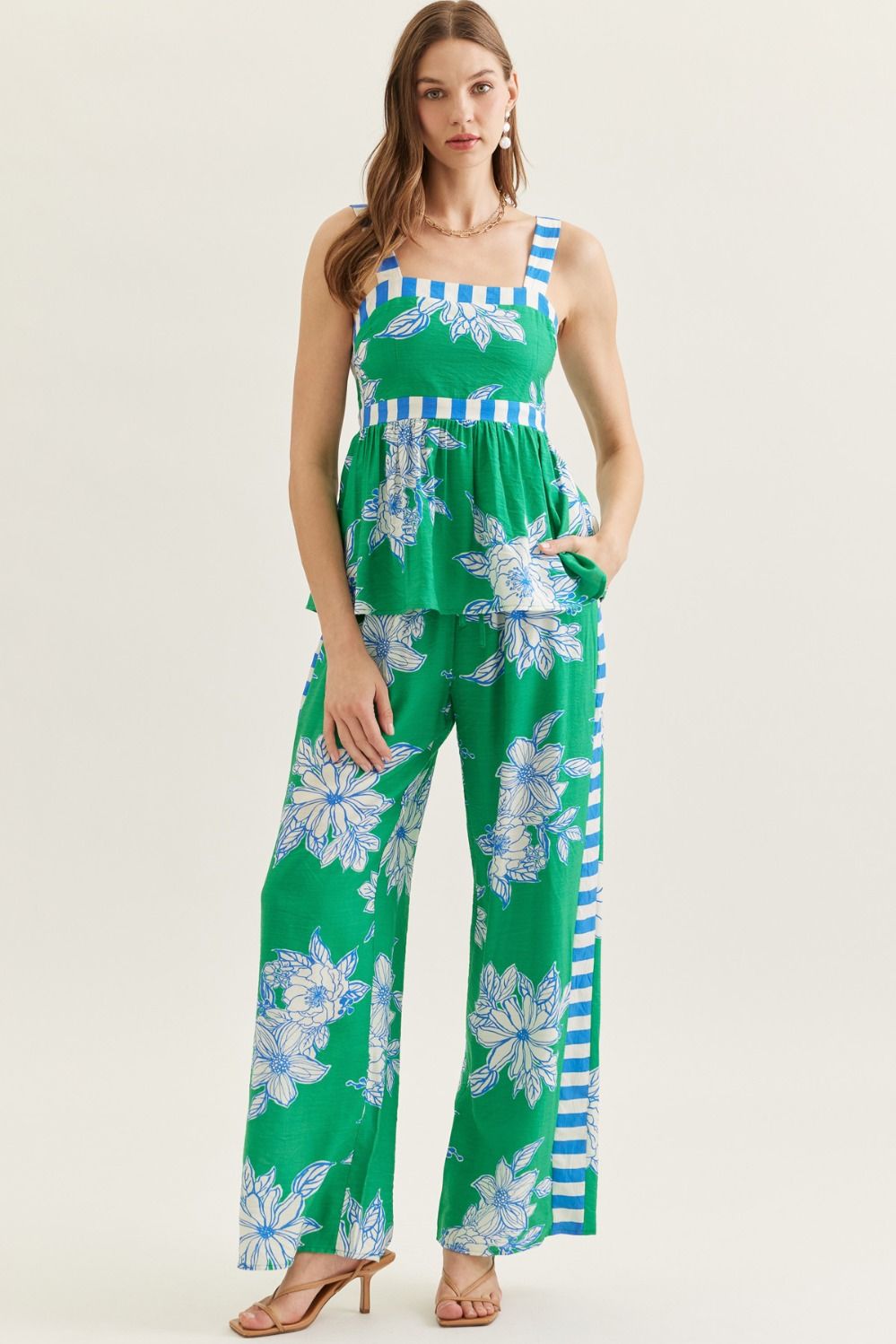 Floral Stripe Contrast Wide Leg Pants