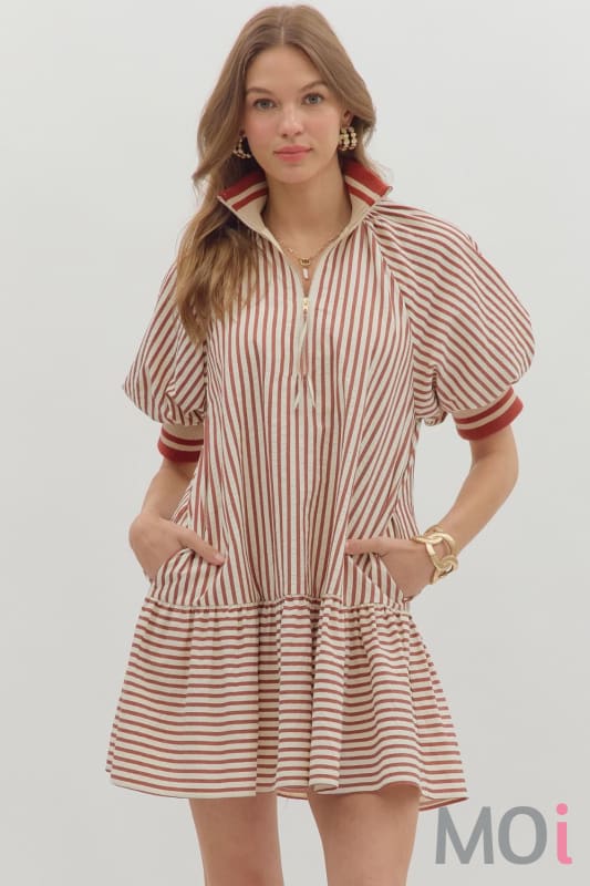 Stripe Ruffle Hem Zip Front Dress