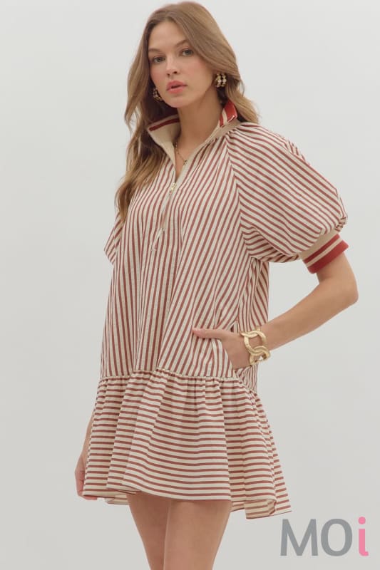 Stripe Ruffle Hem Zip Front Dress