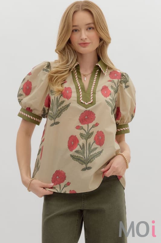 Floral Print Bubble Sleeve Top