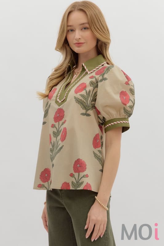 Floral Print Bubble Sleeve Top