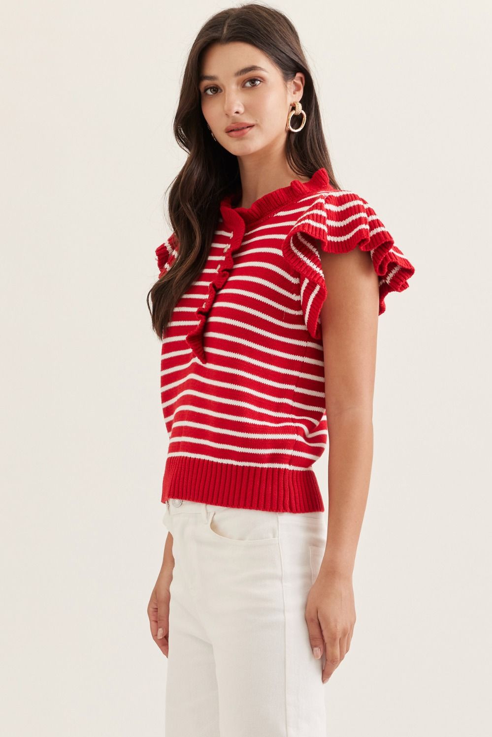 Striped Ruffle Cap Sleeve Top
