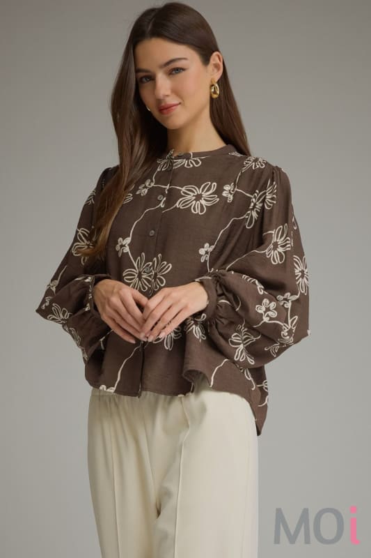 Crop Button Down Puff Sleeve Top