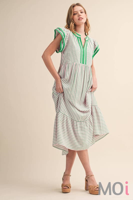 Striped Contrast Binding Midi Dress