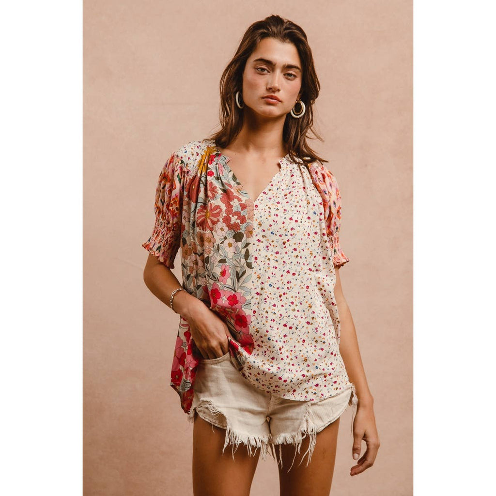 Woven Mixed Print Peasant Top