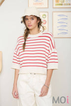 Stripe Raw Edge Drop Shoulder Sweater