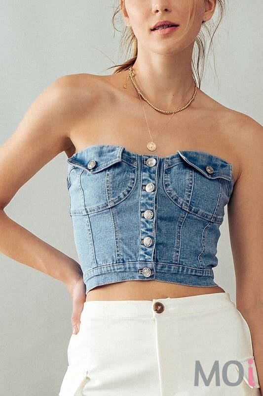 BUTTON FRONT DENIM CROP TUBE TOP