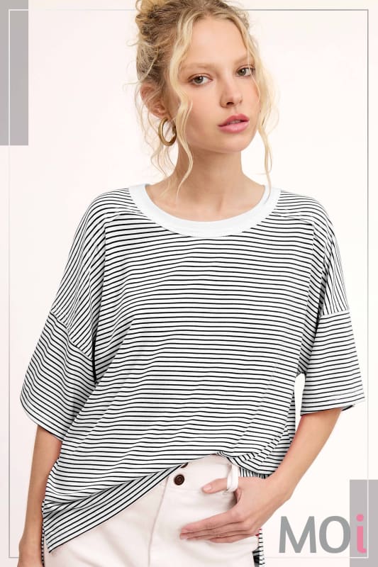 Basic Striped Drop Shoulder Short Sleeves Top