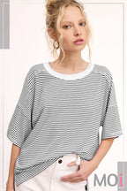 Basic Striped Drop Shoulder Short Sleeves Top