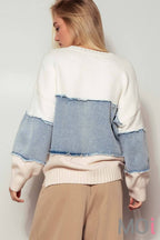 Colorblock Distressed Denim Patchwork Knit Sweater