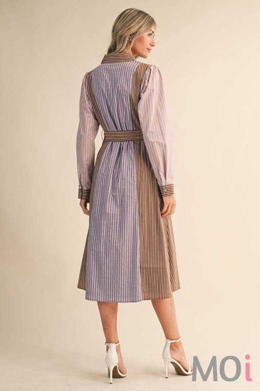 Mixed Stripe Belted Midi Dress