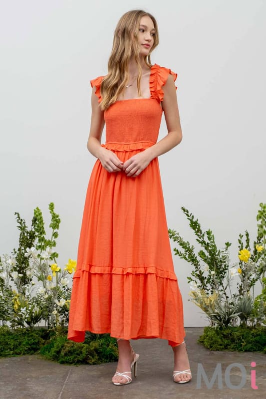 FLUTTER SLEEVE SMOCKED MIDI DRESS