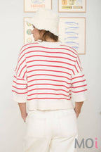 Stripe Raw Edge Drop Shoulder Sweater
