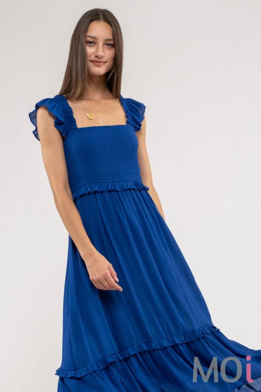FLUTTER SLEEVE SMOCKED MIDI DRESS