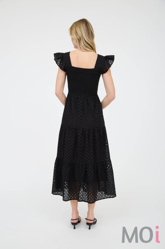 Eyelet Square Neck Smocked Tiered Midi Dress