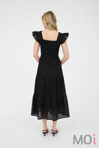 Eyelet Square Neck Smocked Tiered Midi Dress