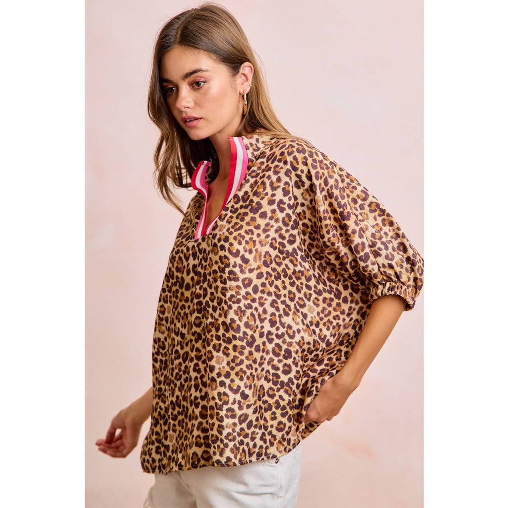 Leopard Print Contrast Banded Blouse