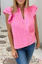 Stripe Split Neck Ruffled Summer Blouse