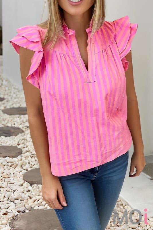 Stripe Split Neck Ruffled Summer Blouse