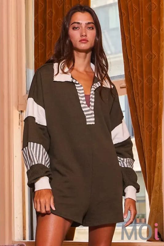 French Terry Color-block Collared Loose Fit Romper