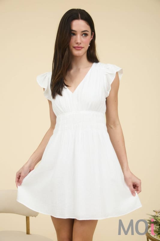 Shirred Waist Ruffle Sleeve Mini Dress