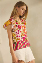 Floral Border Printed Flutter Sleeve Blouse