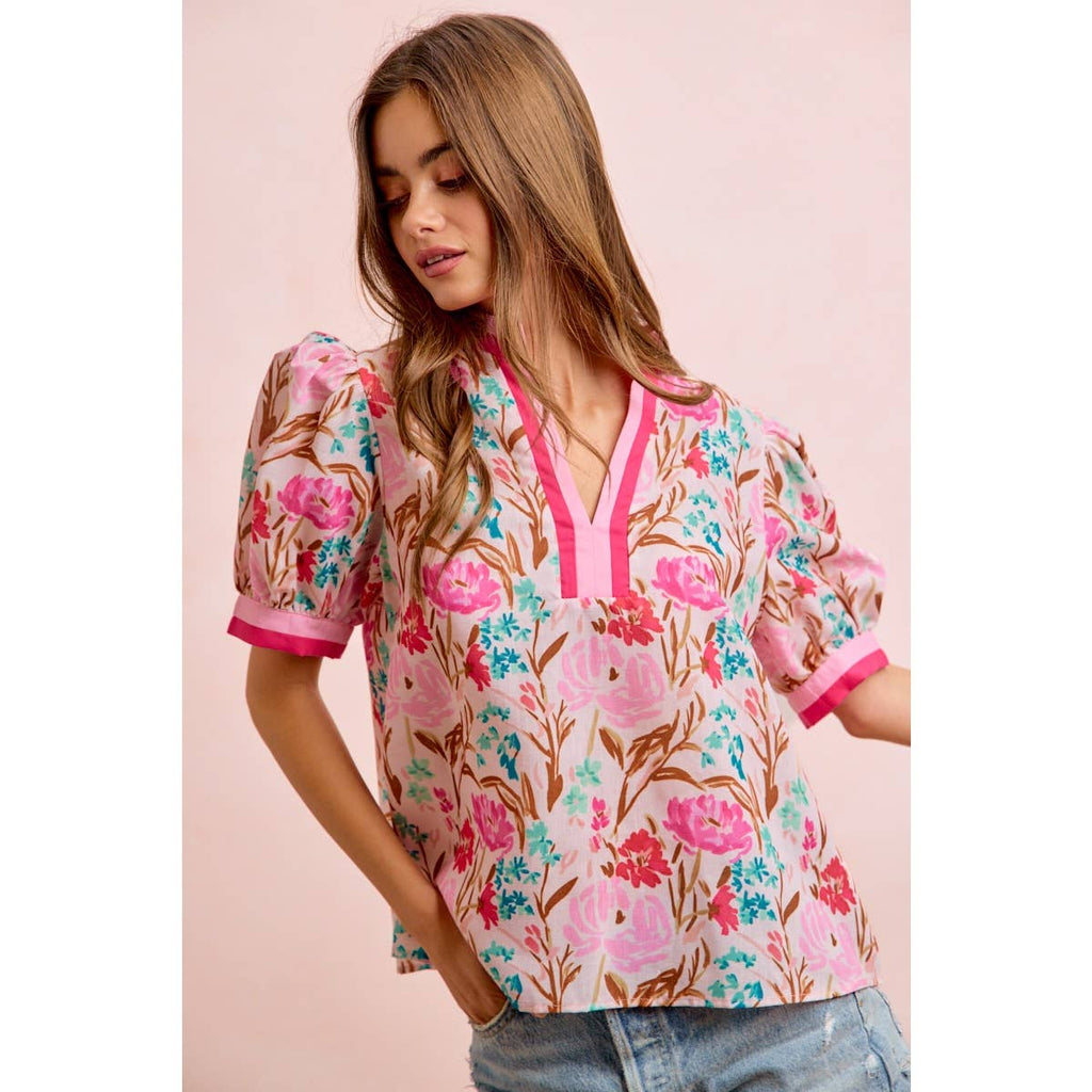 Flower Printed Woven Contrast Top
