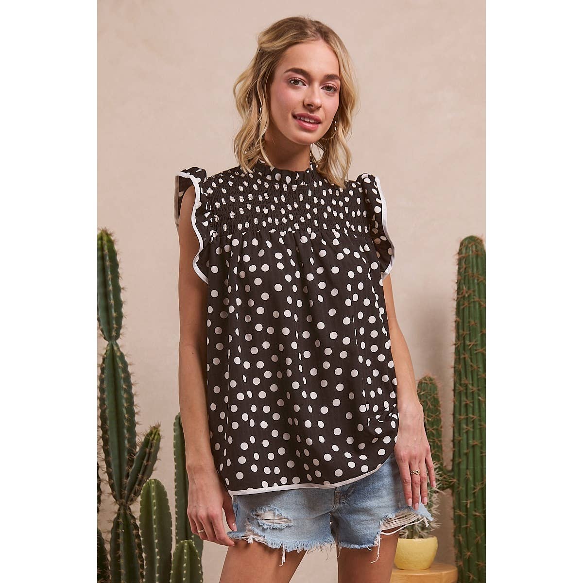 Dot Printed Smocked Yoke Top