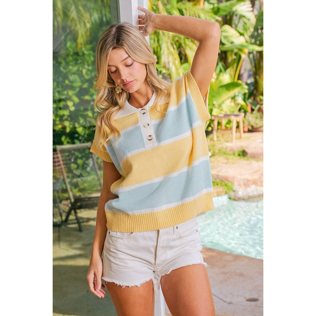 Striped Short Sleeve Collared Top