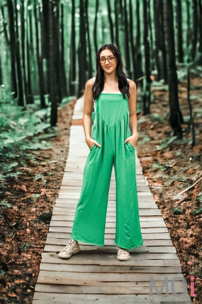 Solid Wide Leg Overalls Kelly Green