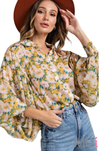 Floral Button Front Blouse Mustard