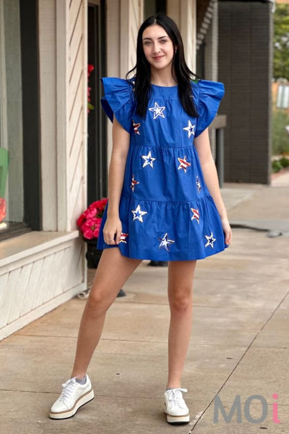 Ruffle Sleeve Star Patched Dress