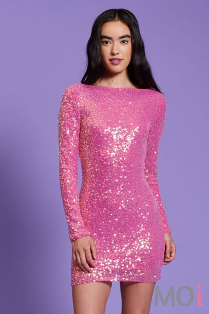 Long Sleeve Sequin Bodycon Mini Dress Pink